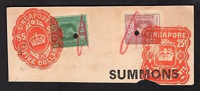 Straits Settlements KGV 25c & $5 Fiscally Used In Singapore. • $3.20