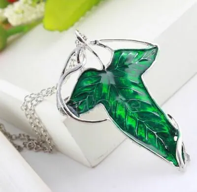 Retro Lord Of The Rings Green Leaf Elven Pin Brooch Pendant Chain Necklace Gift. • £3.37