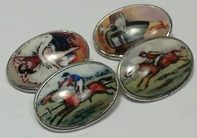 Vintage Pair Of Sterling Silver & Enamel Horseracing Themed Cufflinks – C1990 • £56