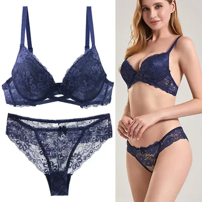 UK Sexy Embroidery Floral Lace Padded Push Up Plunge Bra Set Lingerie Underwear • £4.98