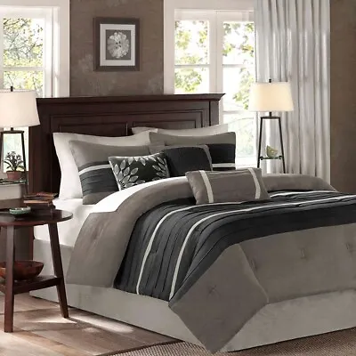 Modern 7pc Deep Black & Silver Microsuede Comforter Set AND Decorative Pillows • $151.99