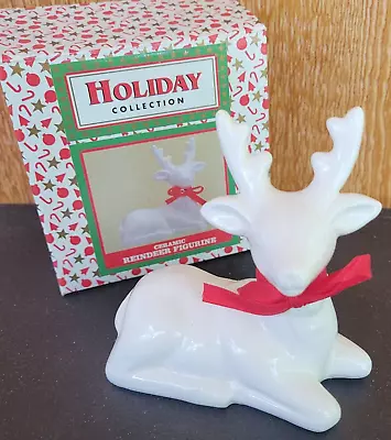 World Bazaars Holiday Collection Ceramic Sitting Reindeer Figurine White Red Bow • $8.92