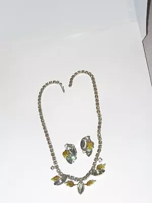 Vintage Rhinestone Necklace Earrings Enamel Leaf Jewelry (946V) • $9.99