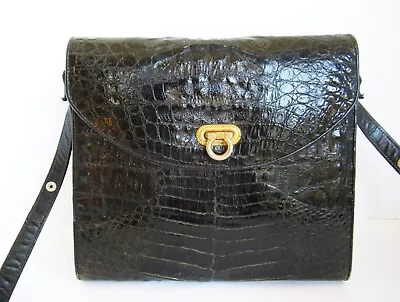 Vintage Black Leather Purse Shoulder Bag By Findig Alligator Imprint Adjustable • $44.50