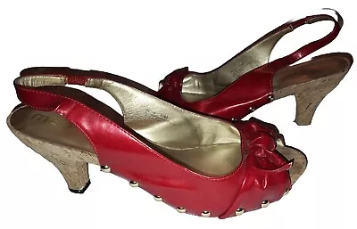 ME TOO Cherry Red Patent Leather Slingback Peep Toe Heels W/Rivets- Size 9 1/2 • $19.99