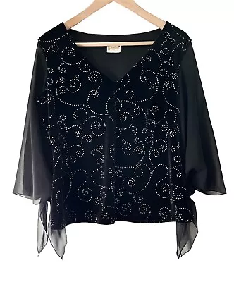 Roman Originals Black Velvet Top Size M UK 14 16 Velour Chiffon Diamanté Gothic • £24.95