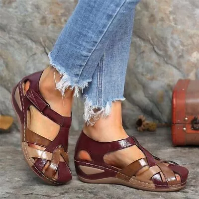 Ladies Closed Toe Sandals Womens Summer Ankle Strap Wedge Comfort Walking Shoes • £15.99