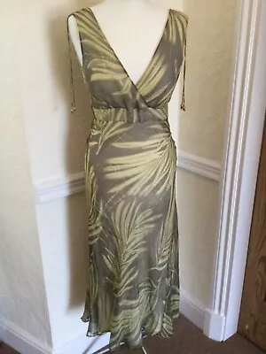 J Taylor Silk Maxi Dress Size 12 Lemon Grey Lined Leaf Pattern • £12.99