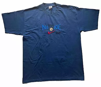 VTG 90s Nike Swoosh Embroidered Navy Blue Y2K T-Shirt Sz M White Tag Made USA U1 • $39