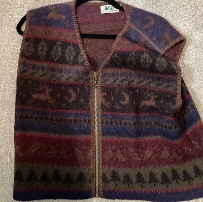 Vtg REI Christmas Party Reindeer Wool Vest XL Xtra Large Red Green Red Rare USA • $89.99