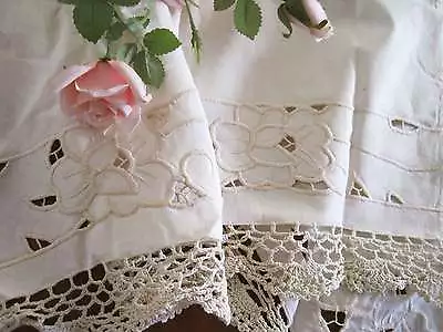 CL@ Pair Vintage Rose Embroidery Cutwork Hand Crochet Beige Cotton Curtain Swag • $11.42