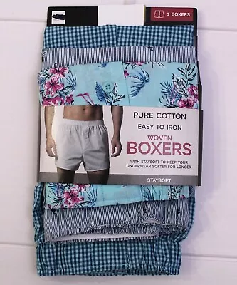 Ex M & S Mens 3 Pack Pure Cotton Woven Boxers Underwear Button Fly Multi • £12.95