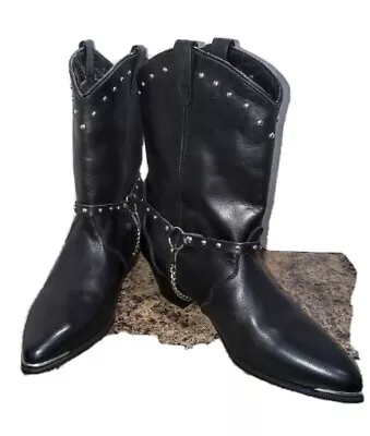 Oak Tree Farms 9.5 Blk Boots Leather Studded Silver Chain Cowgirl Boots • $24