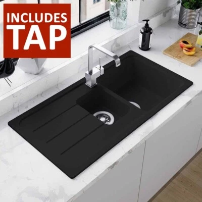£219.99 • Buy Astini Elmo 150 1.5 Bowl Granite Nero Black Reversible Kitchen Sink & 5E Tap