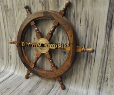 Nautical Wooden Ship Steering Wheel Pirate Decor Wood Brass Fishing Wall Boat  • $40.05