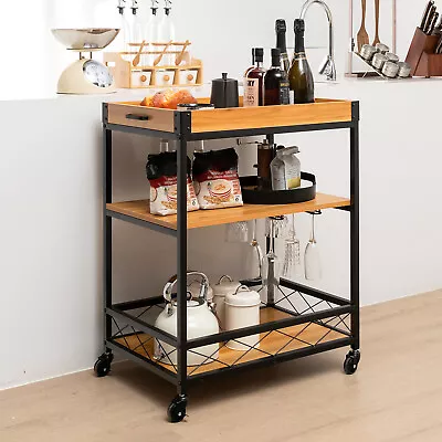 Kitchen 3 Tier Rolling Trolley Cart Serving Storage Shelf Portable W/Wheels • $89.99