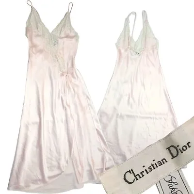 Vintage Christian Dior Pastel Pink Lace Satin Nightgown Wrap Dress Maxi S • $99
