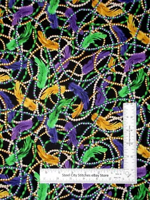 Mardi Gras Fabric Feathers Beads Purple Black Cotton Quilting Treasures Yard • $10.98