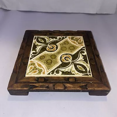 Vintage Retro Green Mexican Tile & Hand Carved Footed Wood Trivet Plant Stand 6” • $8