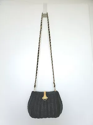 Vintage Black Wicker Handbag Gold Foldover Closure Gold Chain Shoulder Bag Purse • $24.95