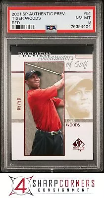 2001 Sp Authentic Preview Red #51 Tiger Woods Rc Hof #/50 Pop 6 Psa 8 • $0.99