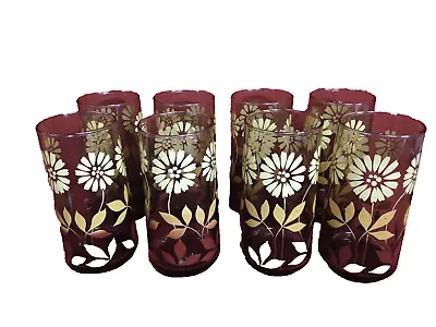 8 Mid Century Modern Tumblers Glasses  Amber With Yellow Floral Print 16 Oz 6 H • $35.90