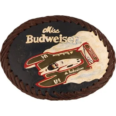 Miss Budweiser Beer Hydroplane Boat Racing Race Leather 80s Vintage Belt Buckle • $85
