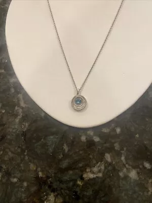 NWT Zales Silver Necklace-Aquamarine Stone W/Diamond Accent Frame Circle Pendant • $33