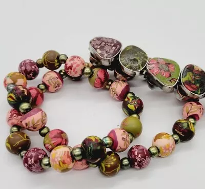 Handmade Viva Beads Polymer Clay Pink & Green 70s Floral Bracelet & Necklace Lot • $17.99