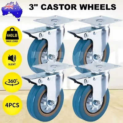 4pcs 3  75mm Rubber Castor Wheels Swivel Castors With Brake Heavy Duty Caster • $6.95