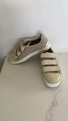 Rag & Bone Kent Sneaker Hook & Loop 37/7 Triple Strap Beige Leather Canvas Shoes • $35