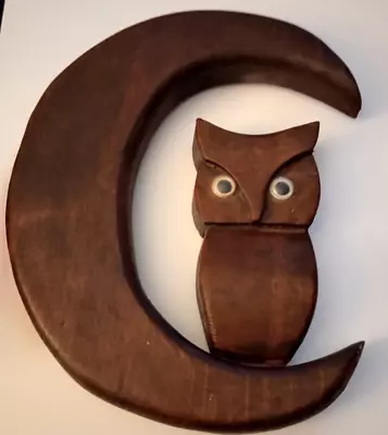 Vintage Wooden Owl & Moon Wall Art Mid Century Modern Retro Cabin Decor.  • $16.11