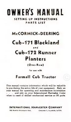 McCormick Farmall Cub 171 172 Planter Operators Manual • $18.89