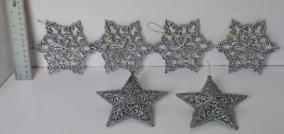 Vintage Silver Glitter Iridescent (4)Snowflake & (2)Star Christmas Ornament Lot • $21.95