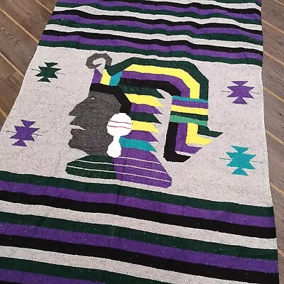 Native Head Purple Green Yellow Mexican Woven Stripy Falsa Yoga Blanket / Throw • £26.99