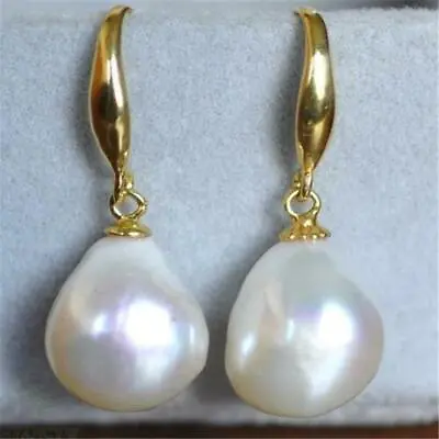 £7.19 • Buy 12-10mm White Baroque Pearl Earrings 14K Gold Hooks AAA Mesmerizing Beads