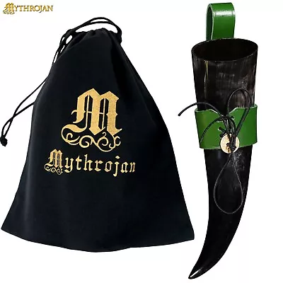 Viking Drinking Horn With Green Leather Holder Ale Bovine Wine Drinkware 150 ML • $24.99