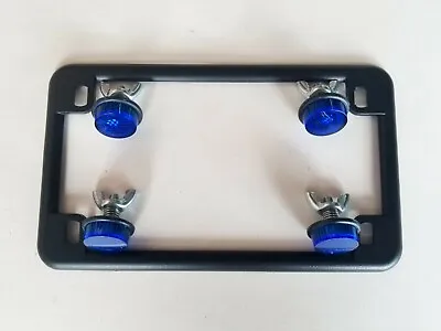 BLACK MOTORCYCLE License Plate Tag Frame & 4 BLUE Reflectors HARLEY • $14.98