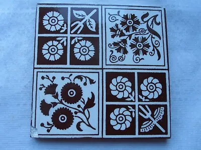 Old Victorian / Edwardian MINTON HOLLINS Brown Geometric  Patterned Tile 6  X 6  • £9.95