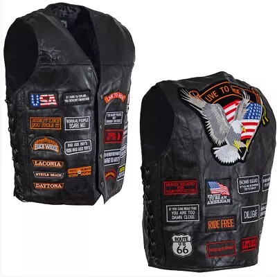 Leather Vest 32 Patches Biker Black Buffalo Mens Motorcycle MC US Flag Eagle 3XL • $34.99