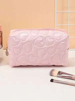 Baby Pink Heart Quilted Makeup Bag Cosmetic Organizer Toiletries Bag Makeup • $6.32