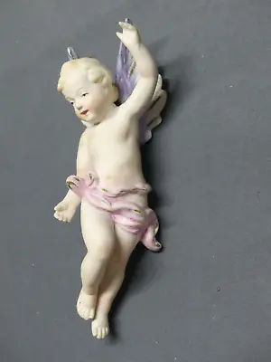 Vintage German Kalk Cherub Angel Wall Ornament Figurine 7  Purple Wings Pink • $24