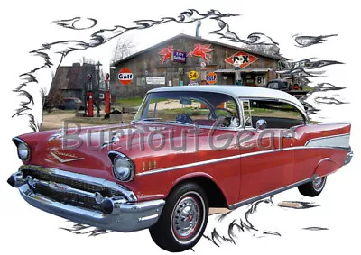 1957 Red Chevy Bel Air H T D Custom Hot Rod Garage T-Shirt 57 Muscle Car Tee's • $19.99