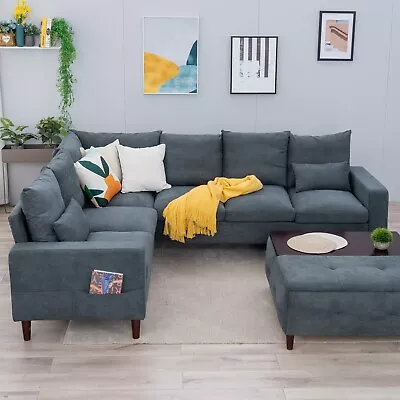 Panana 6 Seater L-Shaped Linen Fabric Sectional Sofa Couch Corner Sofa Seat • $529.99