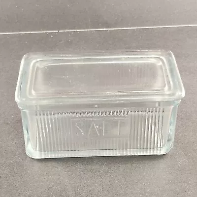 Ribbed Clear Glass Refrigerator Salt Box And Lid Rectangle Shape Vintage 6.75  • $29.95