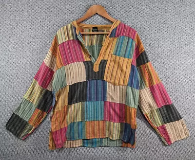 Modas Bagdad Multicolour Patchwork Hippie Henley Shirt Made In Nepal XL • £22.50