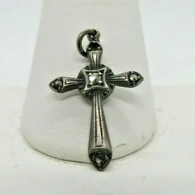 Vintage Sterling Silver & Marcasite Small Cross Necklace Pendant Charm Pretty • $14.50
