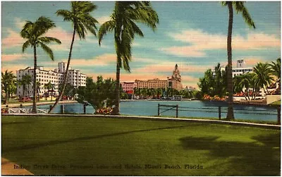 Indian Creek Drive Pancoast Lake & Hotels Miami Beach Florida Linen Postcard • $5.49