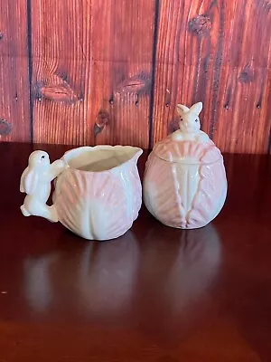 Creamer And Sugar Bowl W/ Lid Set 3D Rabbit Bunny Easter Spring Pink Cabbage • $38.99