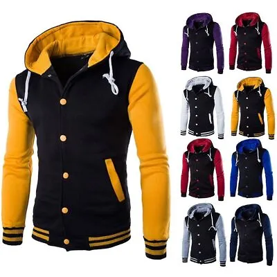 Men Hoodie Baseball Varsity College Jacket Sweatshirt Hooded Button Coat Outwear • £19.99